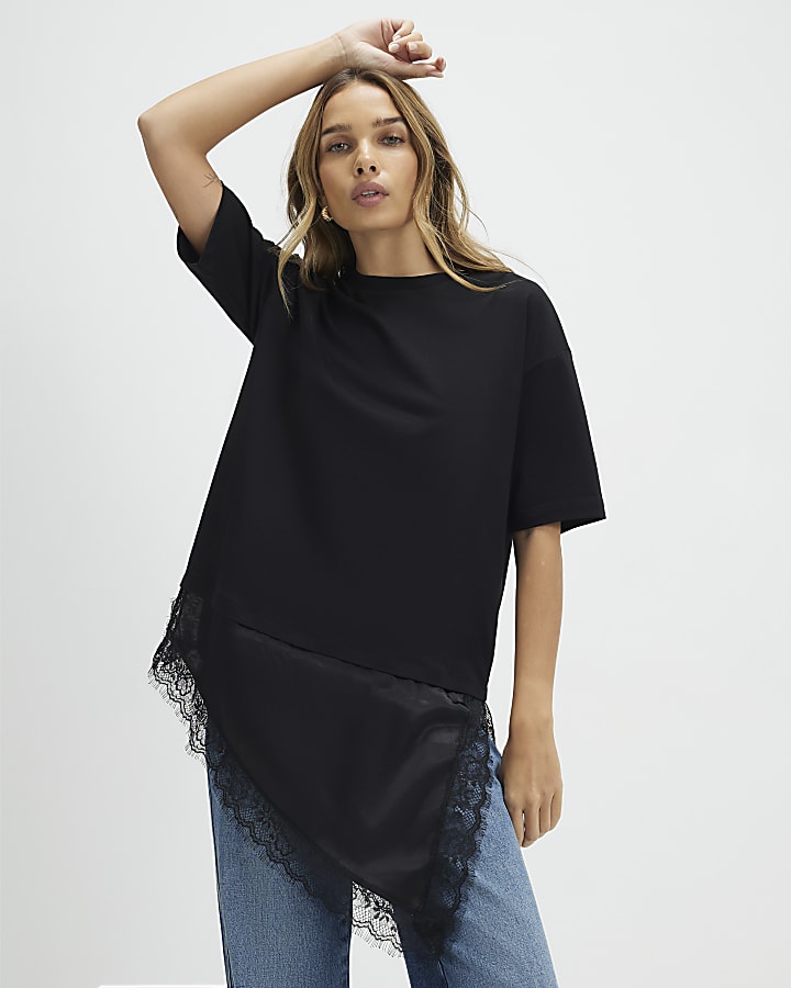 Black Lace Hem Aysmmetric T-Shirt