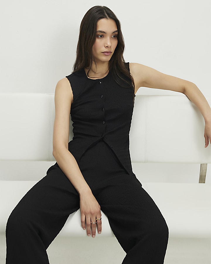 Black Textured Button Through Sleeveless Top