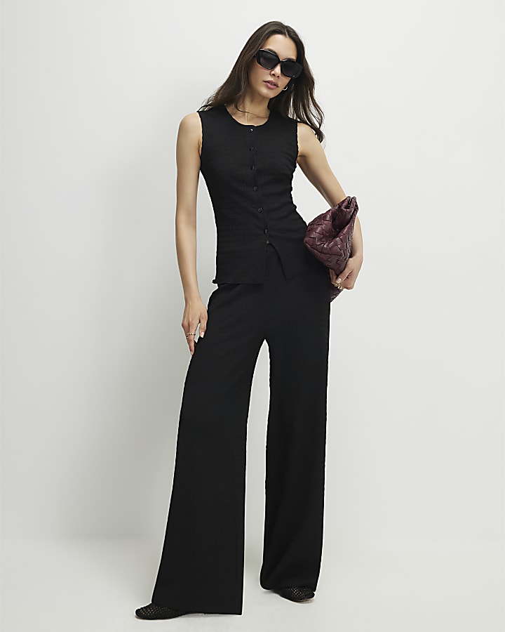 Black Textured Button Through Sleeveless Top