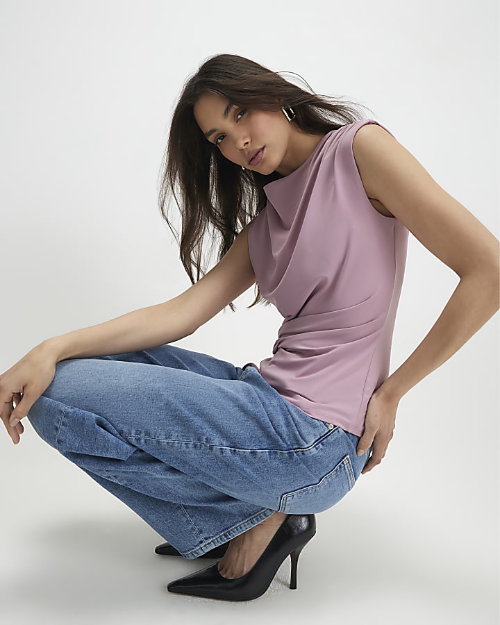 Pink Sleeveless Twist Drape Top