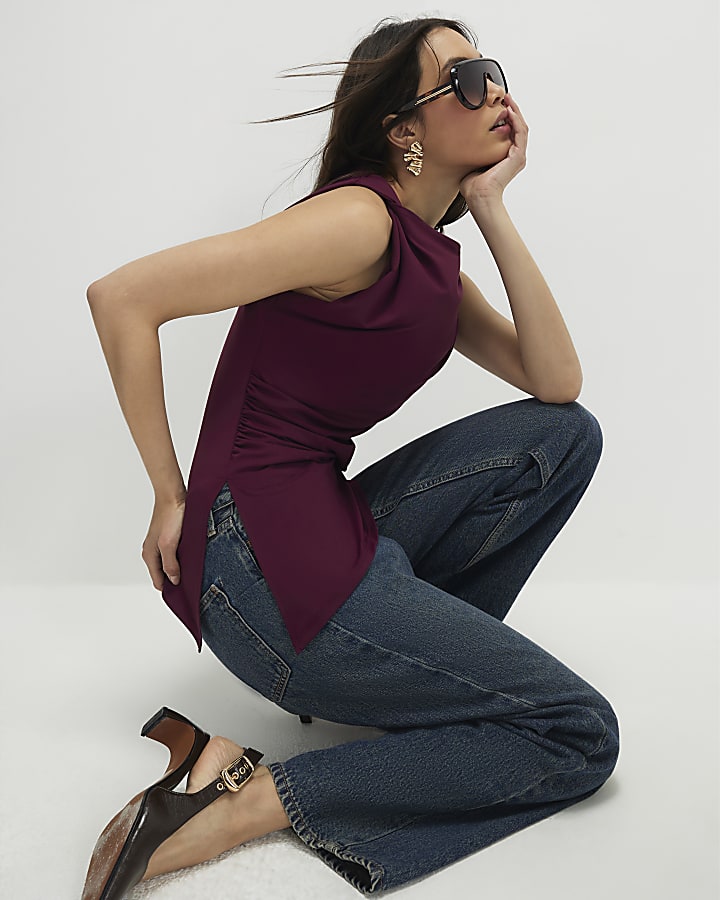 Red Sleeveless Twist Drape Top