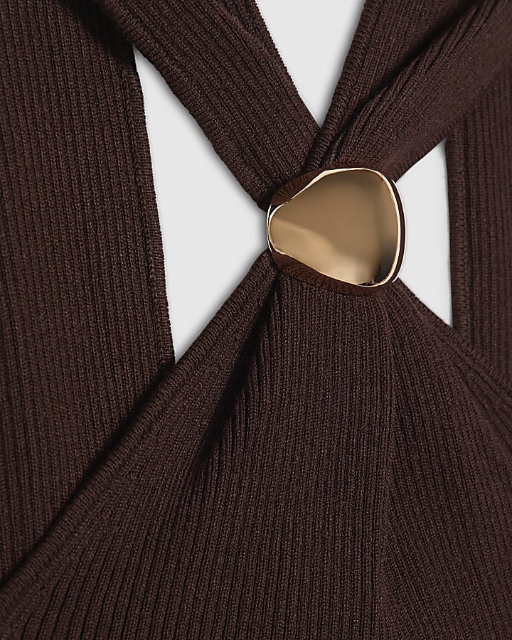 Brown Knitted Halter Neck Brooch Top