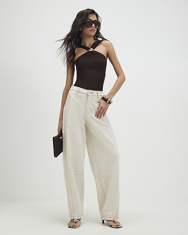 Brown Knitted Halter Neck Brooch Top