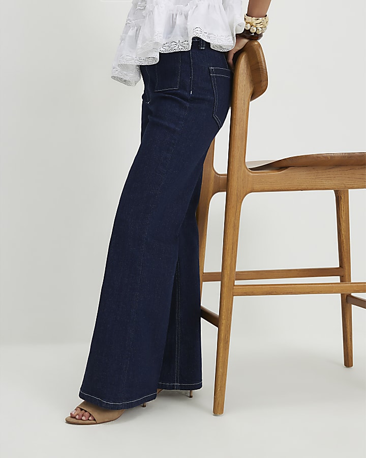 Petite Navy Relaxed Flare Jeans