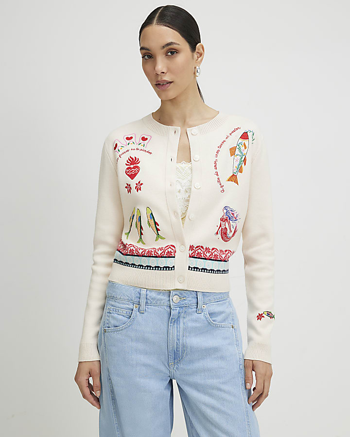 Cream Fun Motif Cardigan