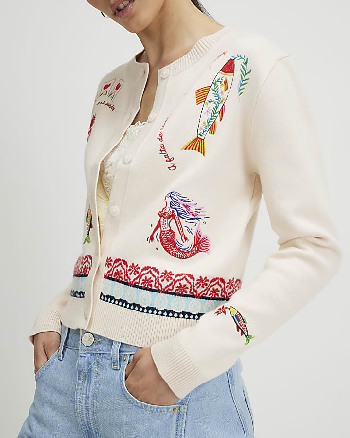 Cream Fun Motif Cardigan