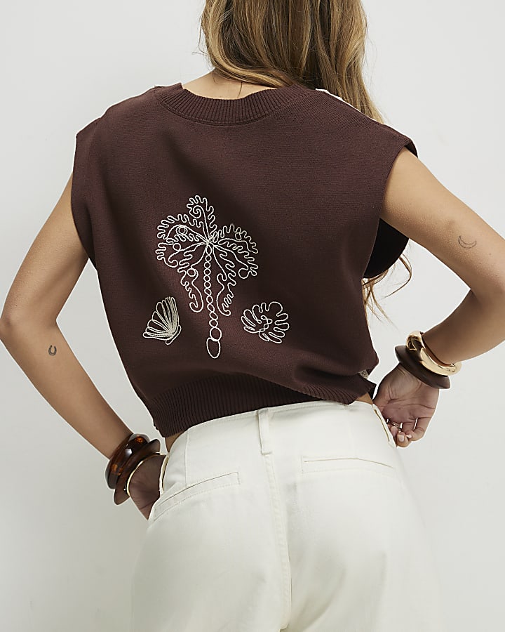 Brown Knitted Shell and Palm Tank Top