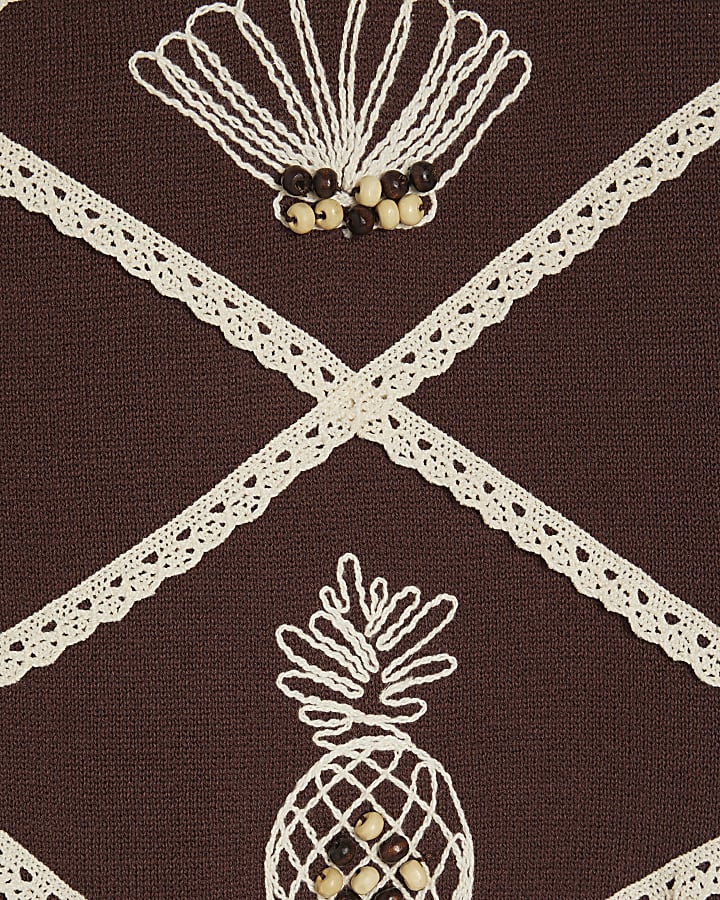 Brown Knitted Shell and Palm Tank Top