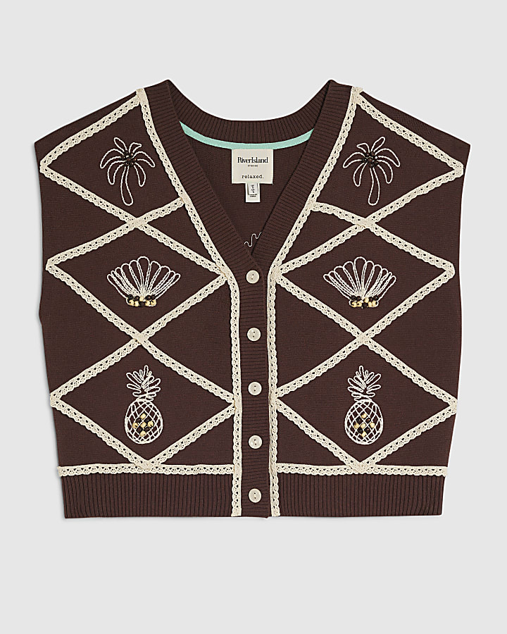Brown Knitted Shell and Palm Tank Top