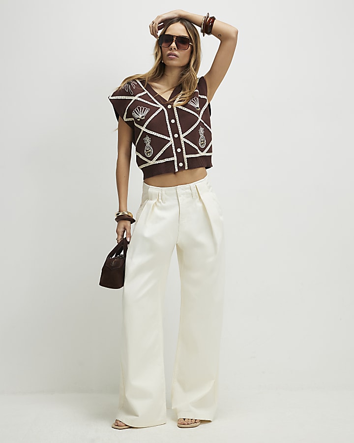 Brown Knitted Shell and Palm Tank Top