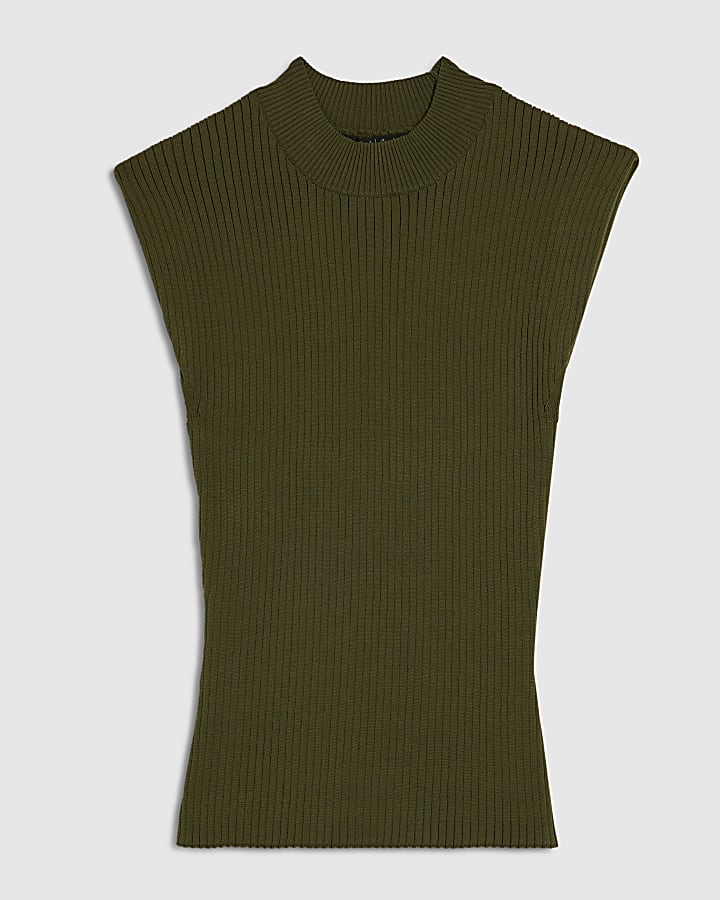 Khaki Ribbed High Neck Top