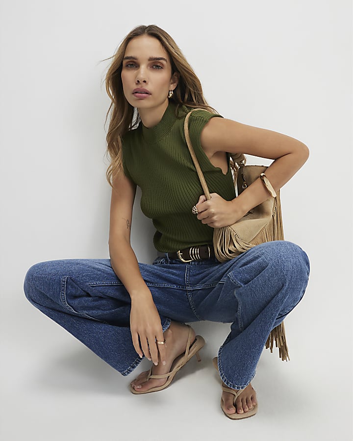 Khaki Ribbed High Neck Top