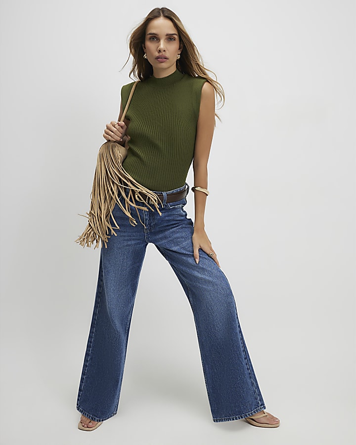 Khaki Ribbed High Neck Top