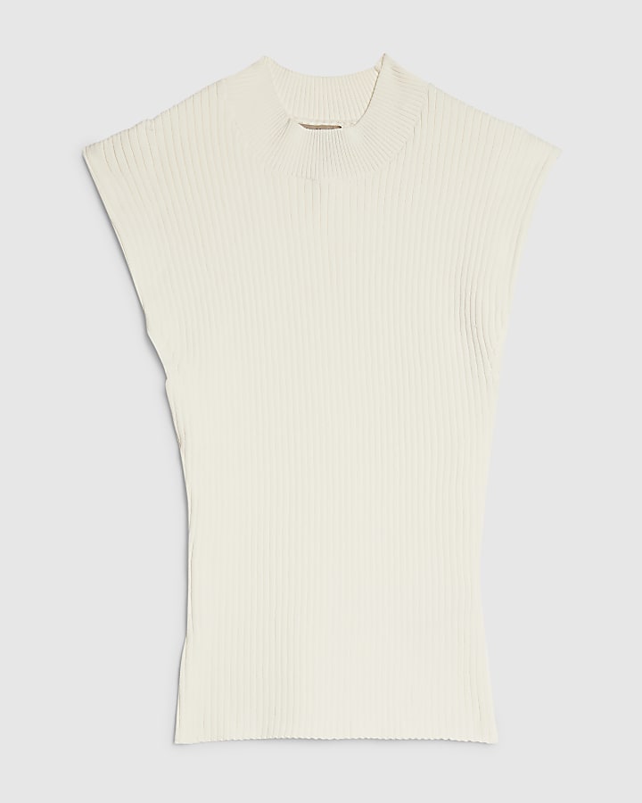 Cream Ribbed High Neck Top