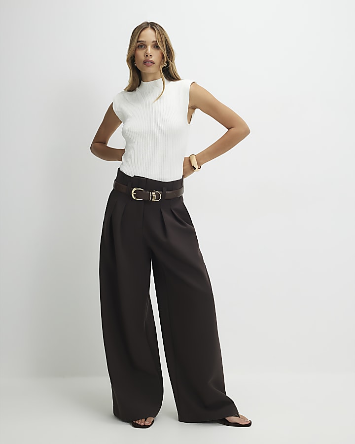 Cream Ribbed High Neck Top