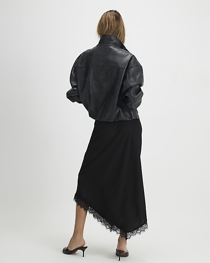 Black Satin Asymmetric Lace Trim Midi Skirt