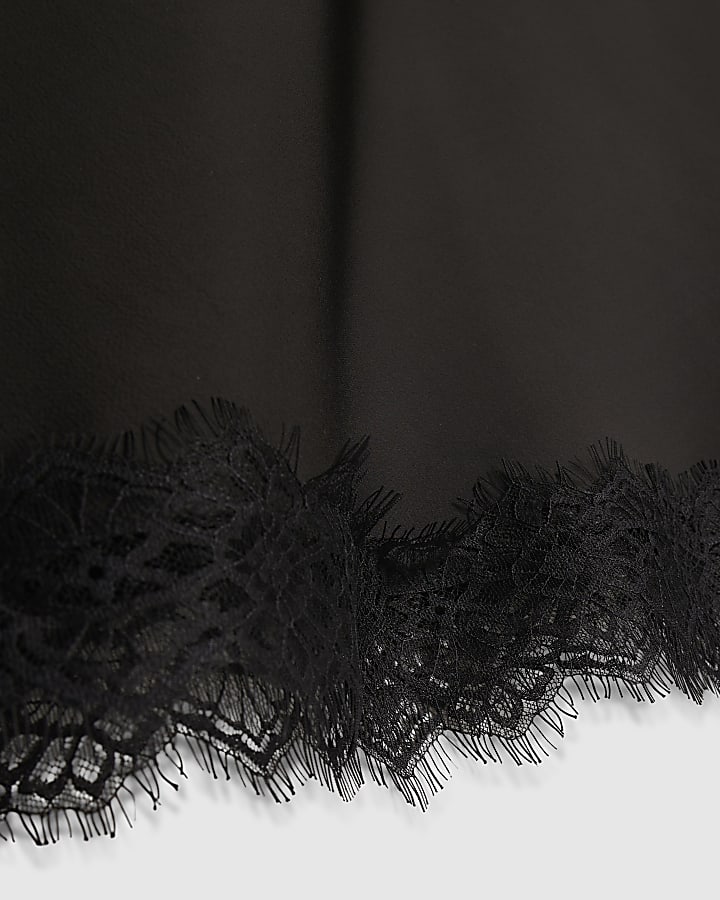 Black Satin Asymmetric Lace Trim Midi Skirt