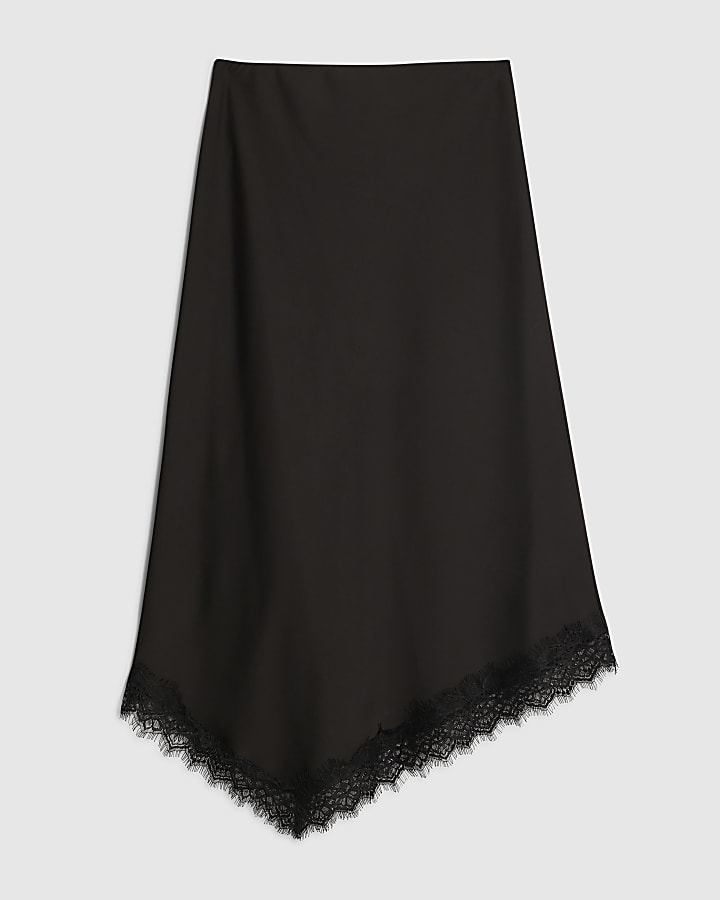 Black Satin Asymmetric Lace Trim Midi Skirt