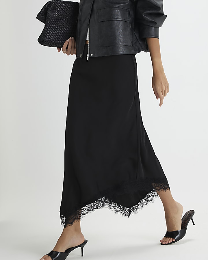 Black Satin Asymmetric Lace Trim Midi Skirt