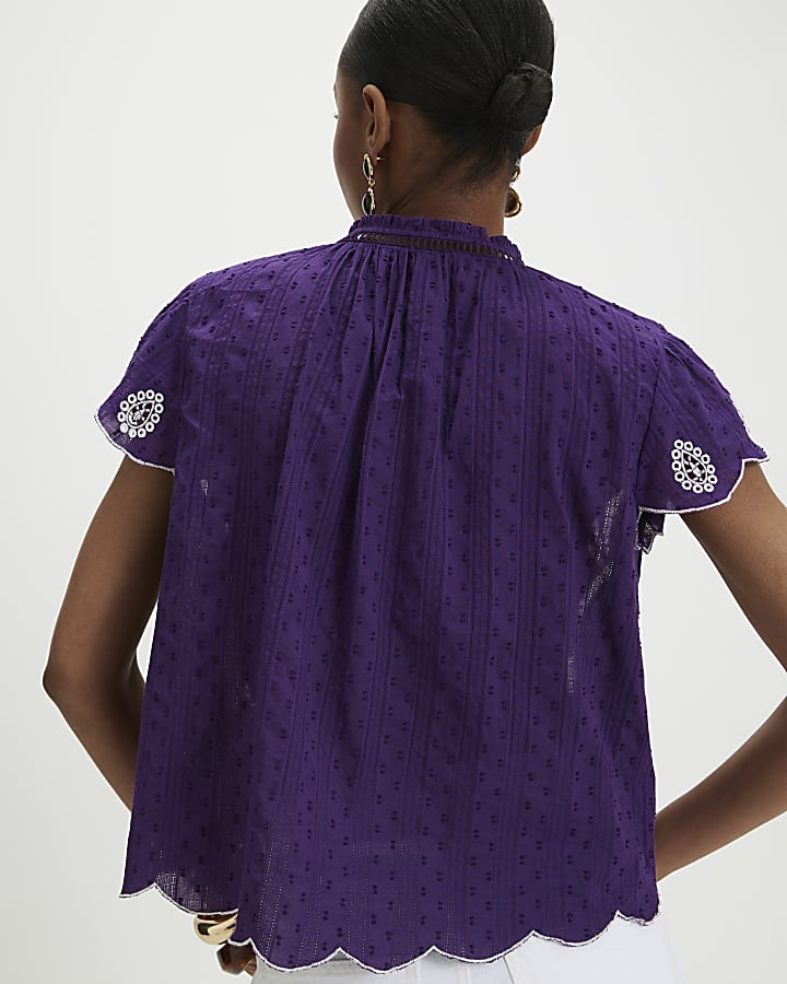 Purple Broderie Tie Neck Blouse