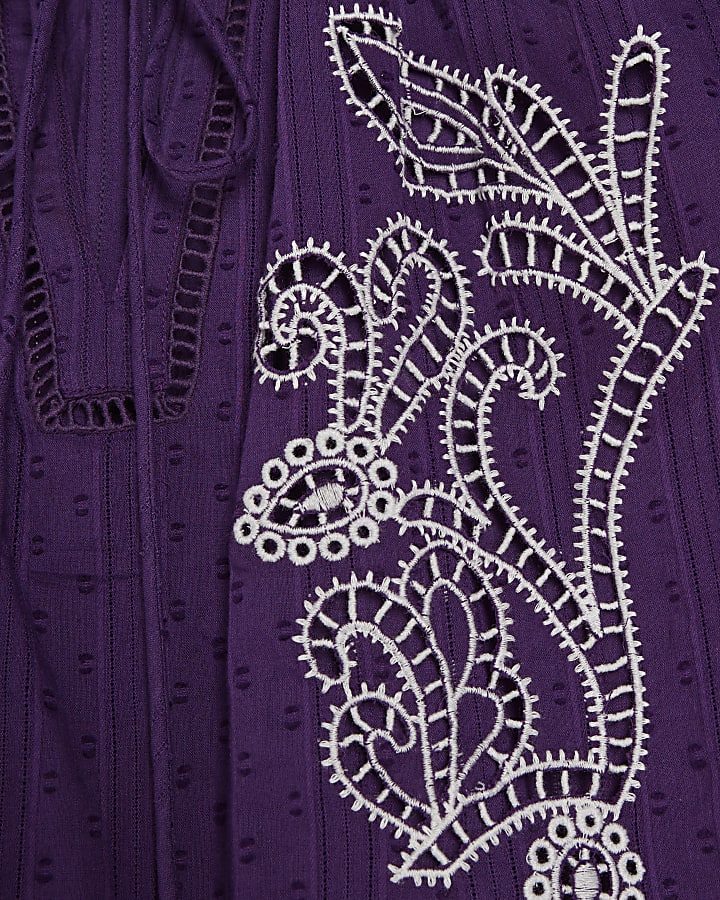 Purple Broderie Tie Neck Blouse