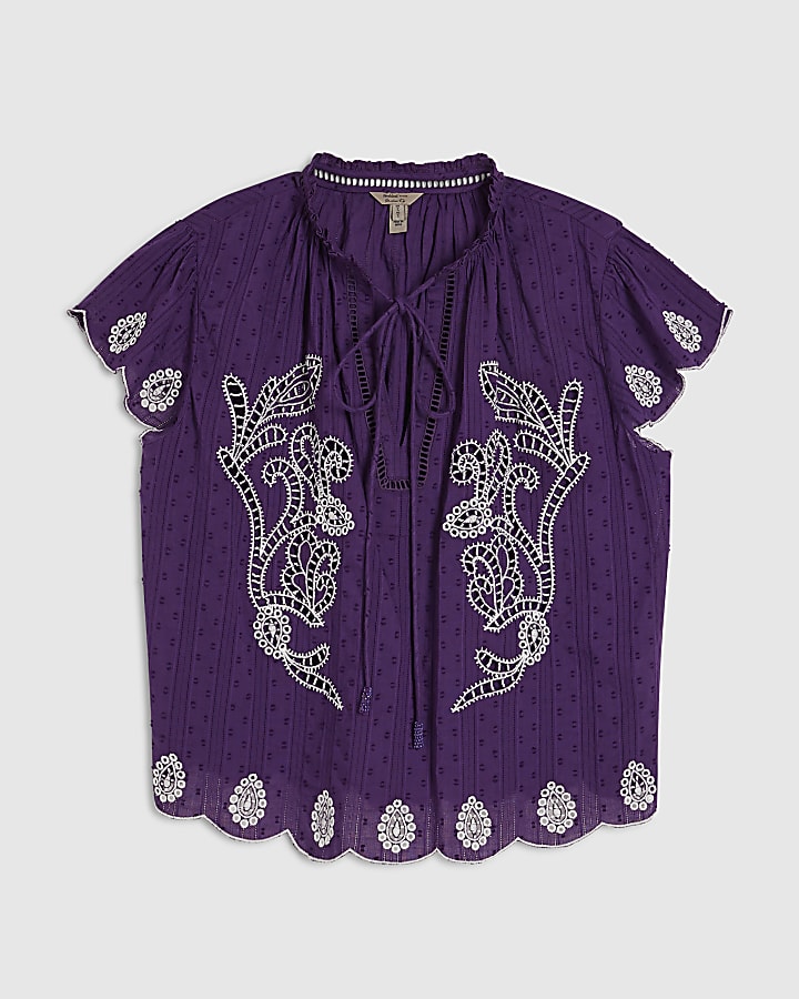 Purple Broderie Tie Neck Blouse
