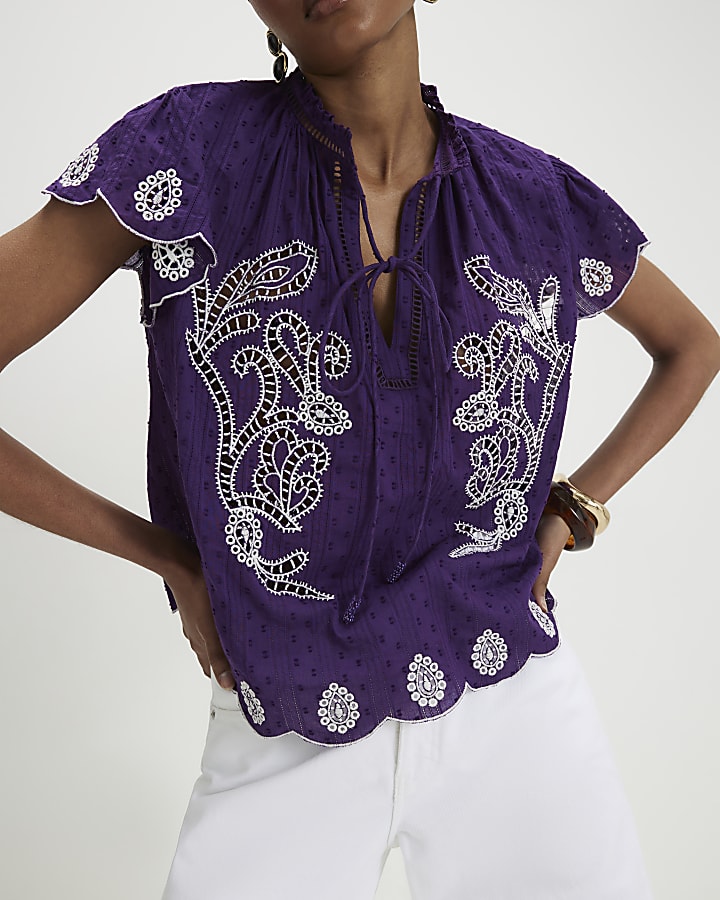 Purple Broderie Tie Neck Blouse
