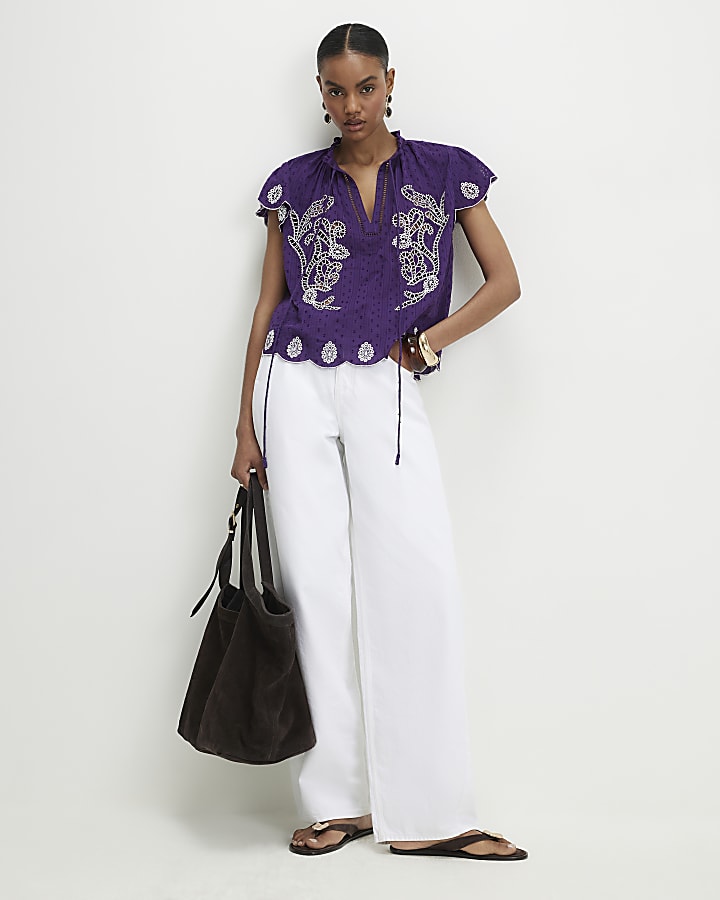 Purple Broderie Tie Neck Blouse
