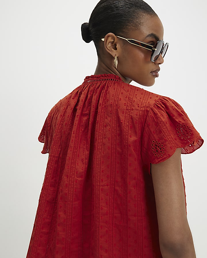 Orange Broderie Tie Neck Blouse