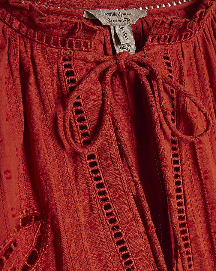 Orange Cotton Broderie Tie Neck Blouse