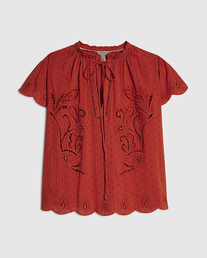 Orange Cotton Broderie Tie Neck Blouse