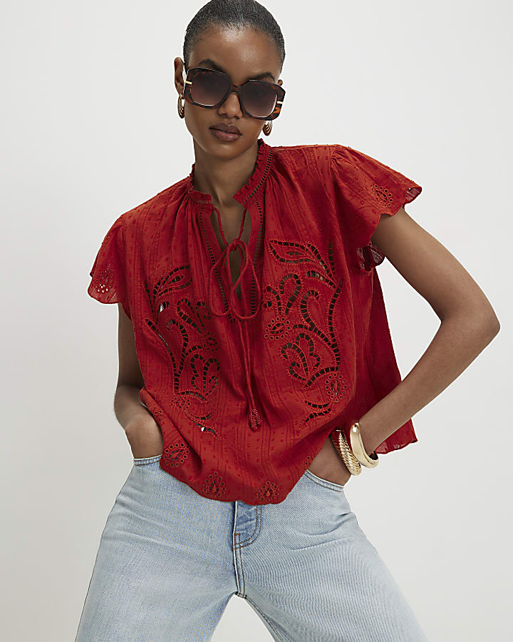 Orange Broderie Tie Neck Blouse