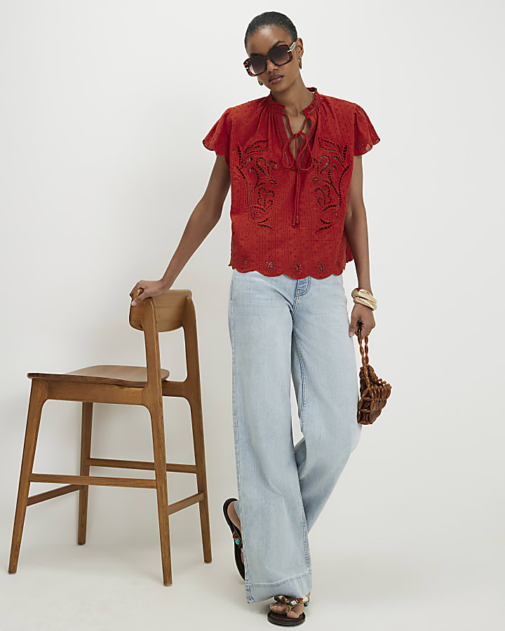 Orange Broderie Tie Neck Blouse