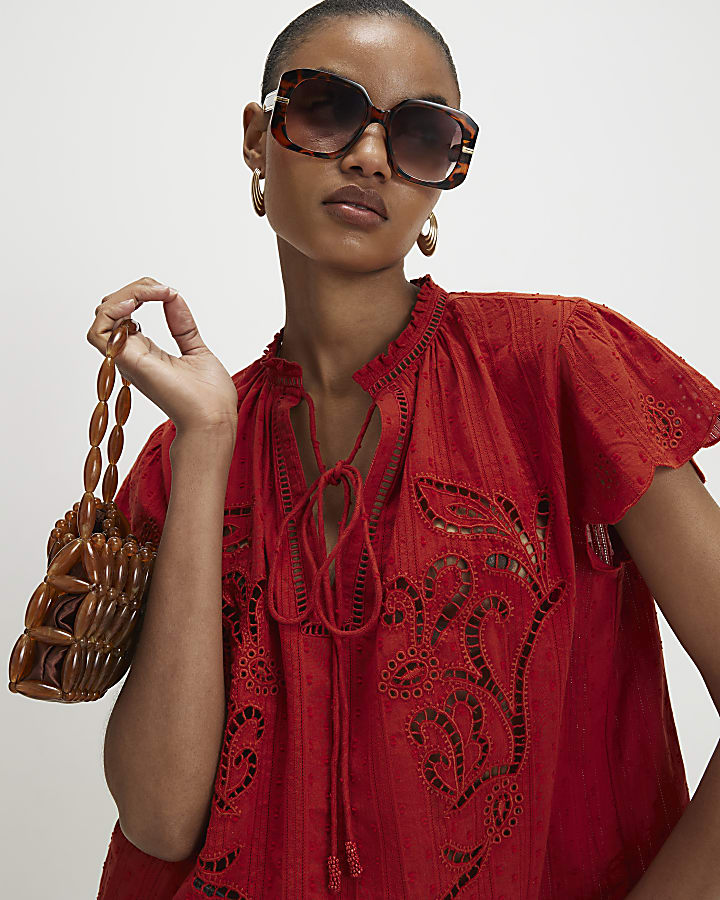 Orange Broderie Tie Neck Blouse