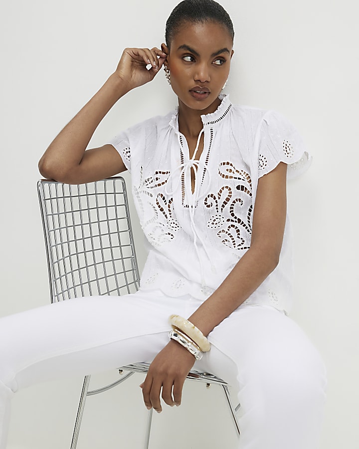 White Broderie Tie Neck Blouse