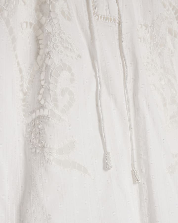 White Cotton Broderie Tie Neck Blouse