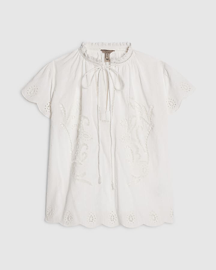 White Cotton Broderie Tie Neck Blouse