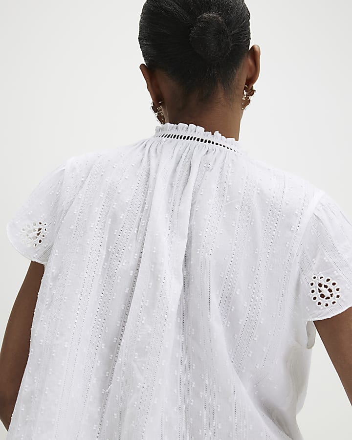 White Broderie Tie Neck Blouse