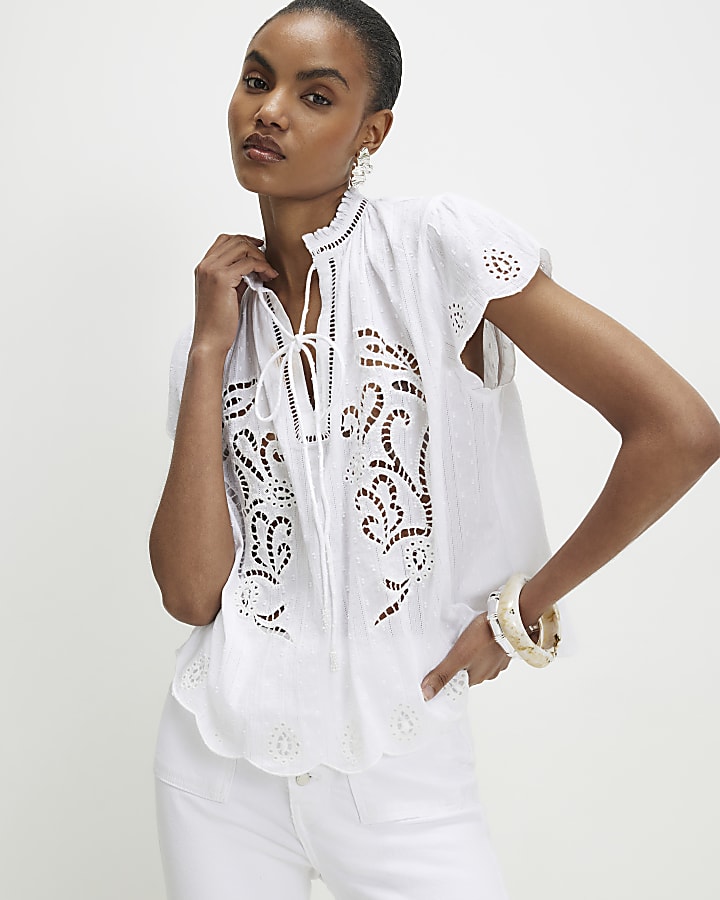 White Broderie Tie Neck Blouse