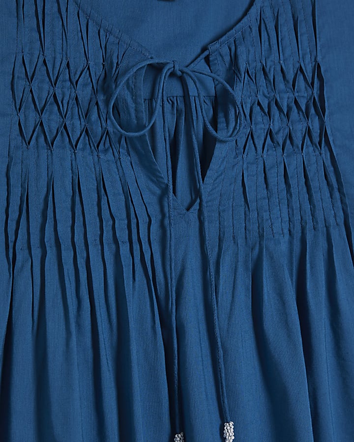 Blue Shirred Tie Neck Top