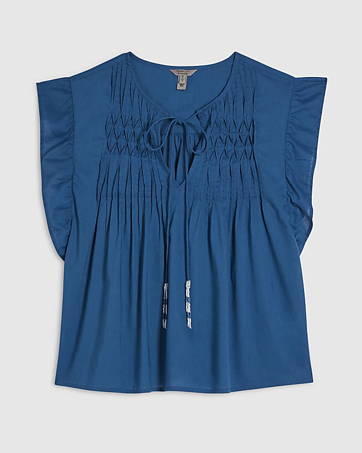 Blue Shirred Tie Neck Top