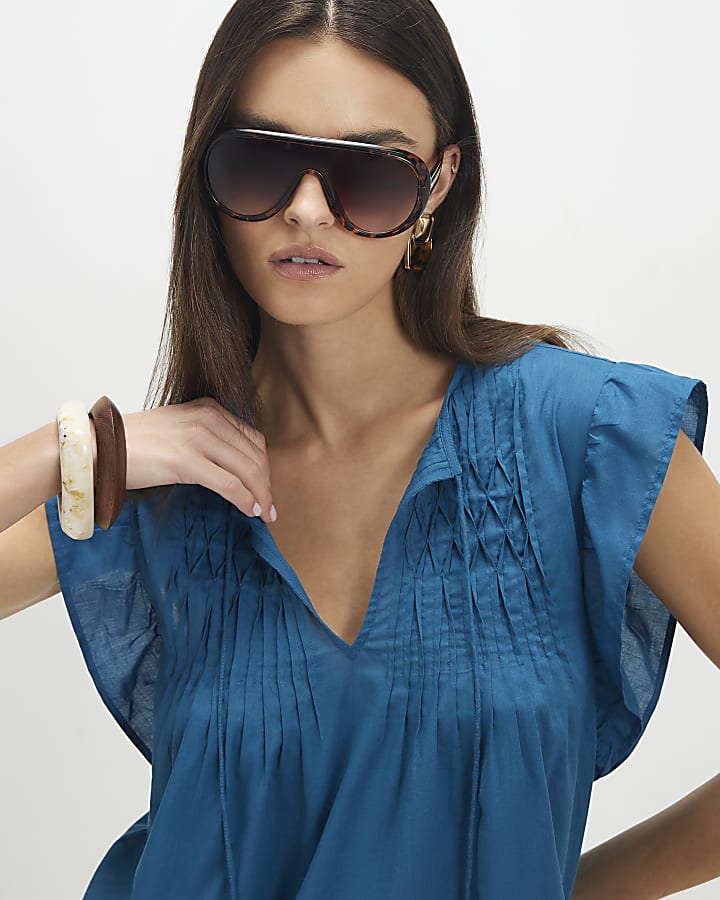 Blue Shirred Tie Neck Top