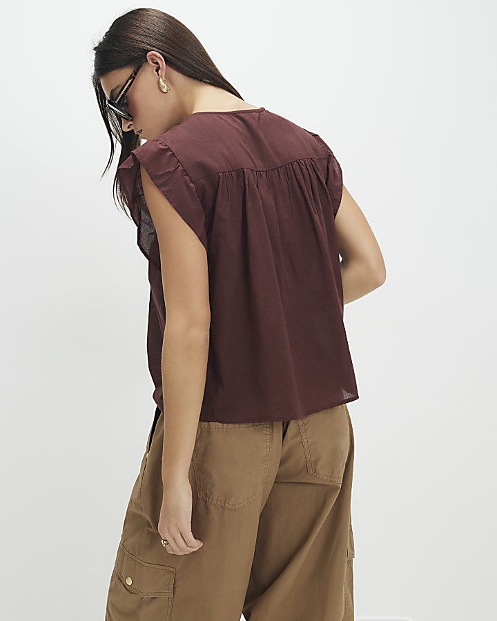 Brown Shirred Tie Neck Top