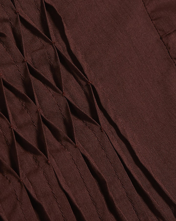 Brown Shirred Tie Neck Top