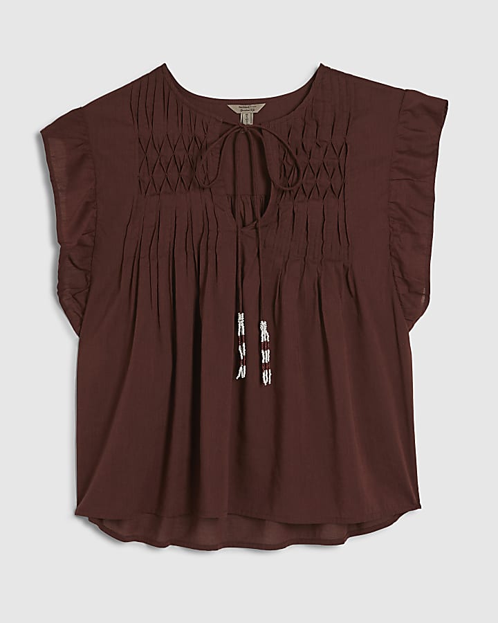 Brown Shirred Tie Neck Top