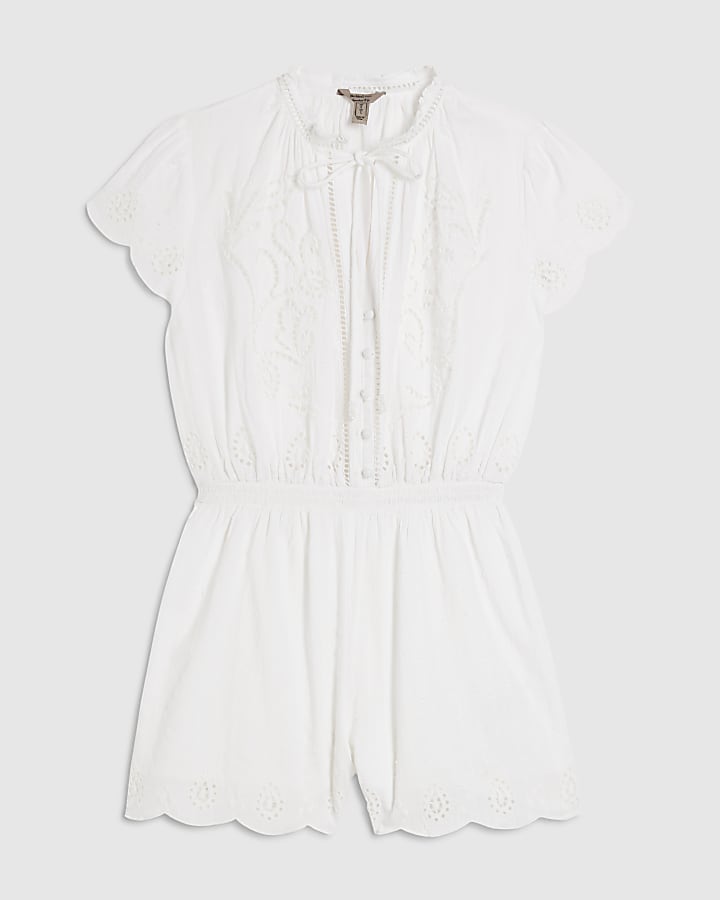 White Cotton Broderie Cutwork Playsuit