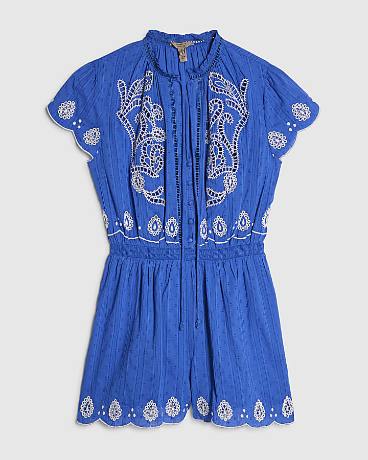 Blue Cotton Embroidered Playsuit
