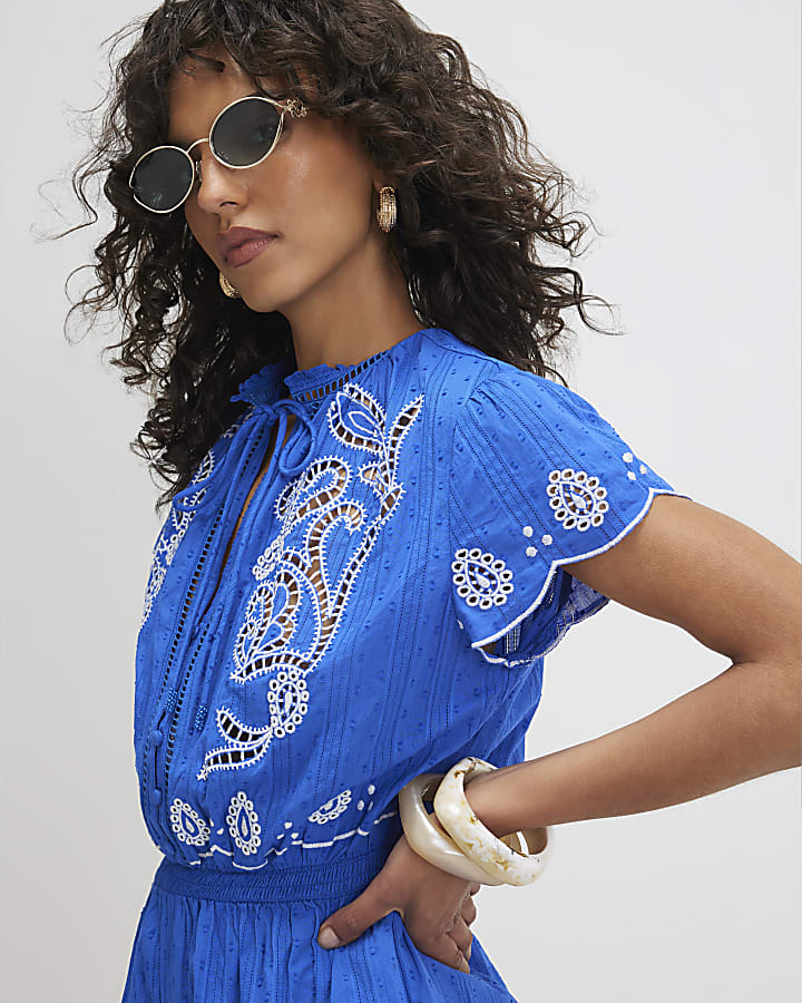 Blue Embroidered Playsuit