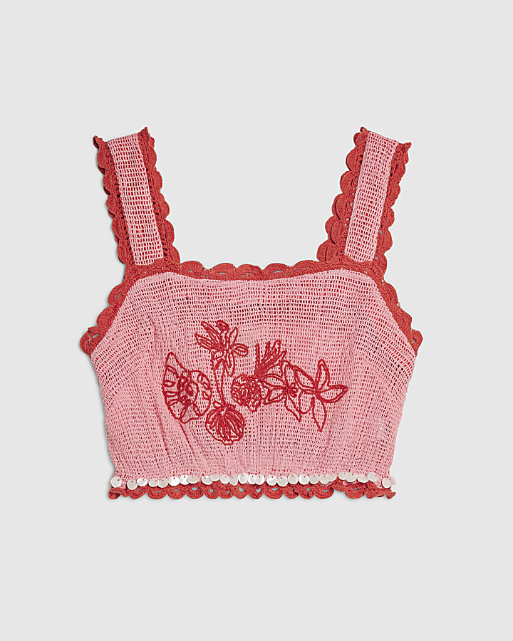 Pink Crochet Cropped Shell Trim Top