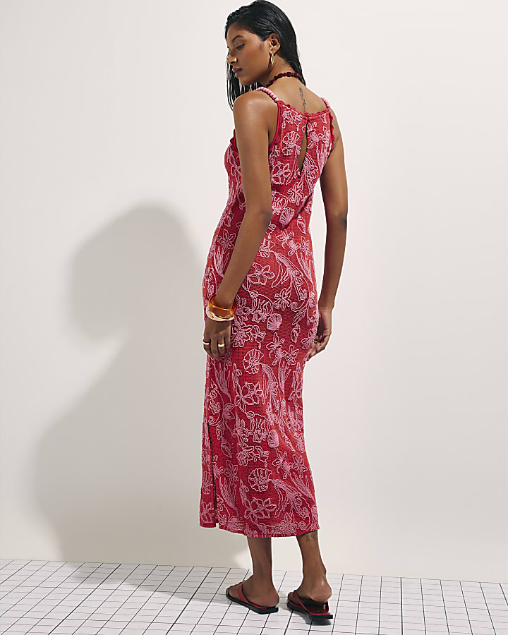 Red Shell Embroidered Crochet Maxi Dress